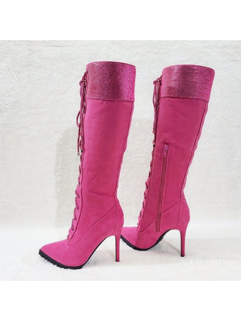 Queens FX Suede & Rhinestone Pointy Toe High Heels Stiletto Lace Up Knee Boots - Picture 6 of 14